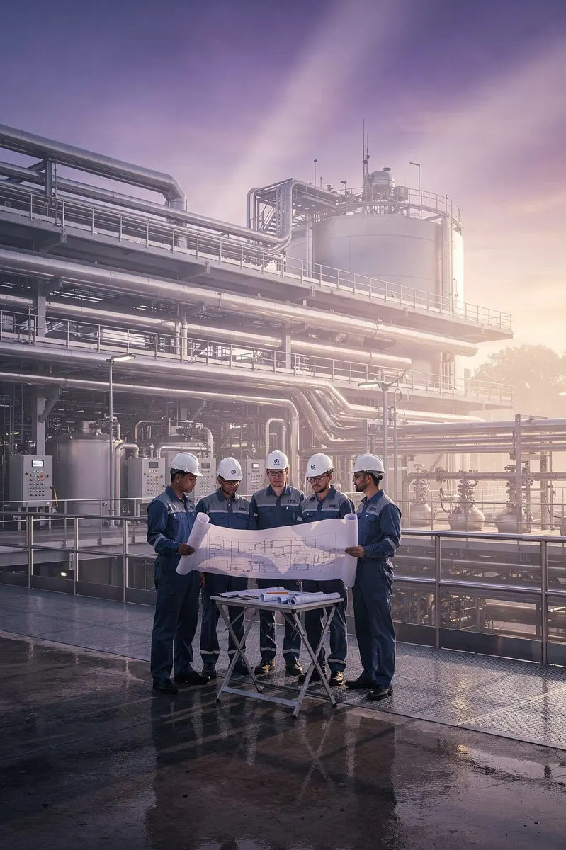 Engineers reviewing plans at a treatment plant